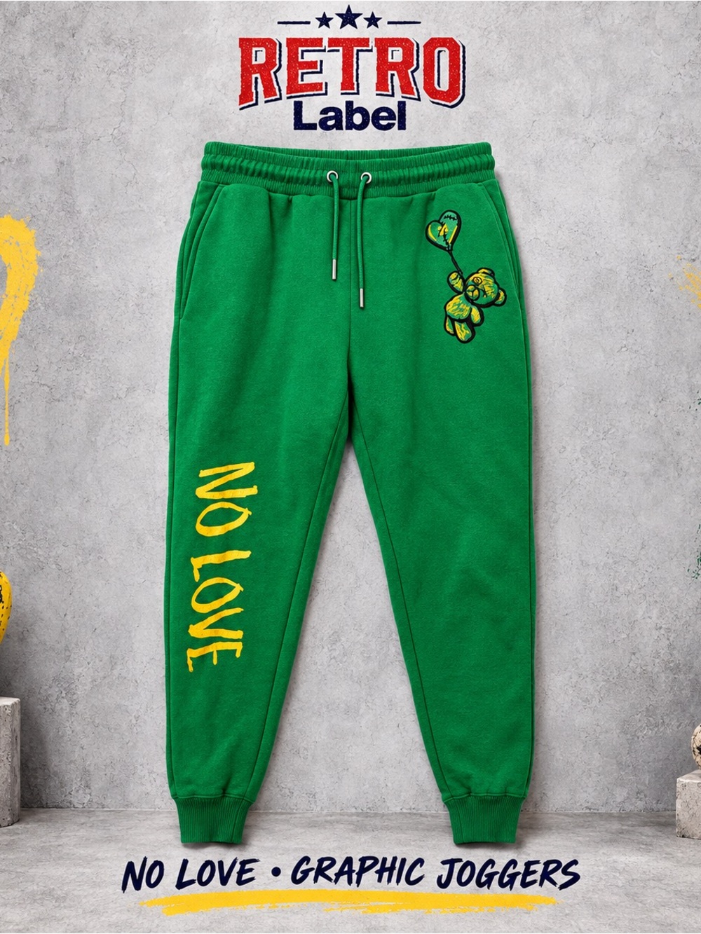 Retro Label XXL No Love Green Bear Joggers Graphic Streetwear Athleisure